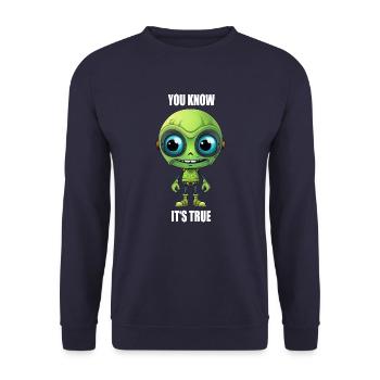 Tête de cyborg extraterrestre vert avec des dents - « Vous le savez » - Sweat-shirt Unisexe - marine - Devant - Alina (178cm) & Michal (187cm)