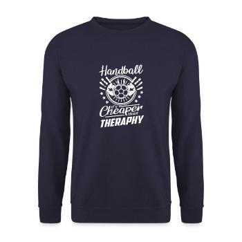 Handball Sprüche Billiger als Therapie - Unisex Pullover - Navy - Vorne - Alina (178cm) & Michal (187cm)