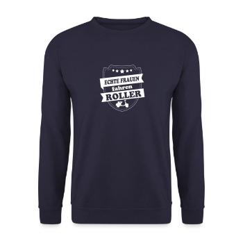 Echte Frauen fahren Roller - Unisex Pullover - Navy - Vorne - Alina (178cm) & Michal (187cm)