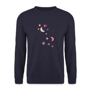 sterne ,mond,stern,gelb,illustration,pink,bunt - Unisex Pullover - Navy - Vorne - Alina (178cm) & Michal (187cm)