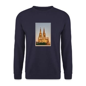 Der Kölner Dom in Gold (Gefaste Variante) - Unisex Pullover - Navy - Vorne - Alina (178cm) & Michal (187cm)
