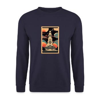 Japanisches Raumschiff im Stil eines Holzschnitts - Unisex Pullover - Navy - Vorne - Alina (178cm) & Michal (187cm)