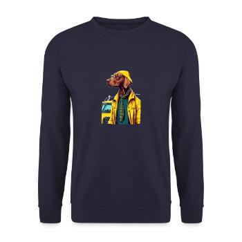 Magyar Vizsla im gelben Mantel - Unisex Pullover - Navy - Vorne - Alina (178cm) & Michal (187cm)