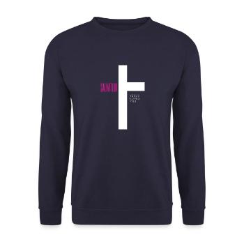 SALVATION – Kreuz-Design - Unisex Pullover - Navy - Vorne - Alina (178cm) & Michal (187cm)