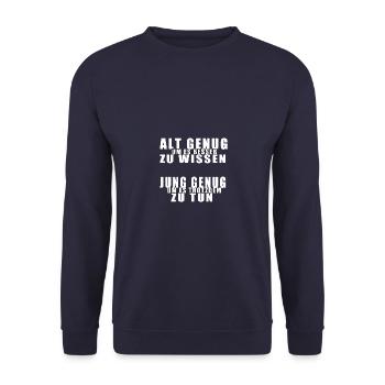 Alt genug | Jung genug - Unisex Pullover - Navy - Vorne - Alina (178cm) & Michal (187cm)