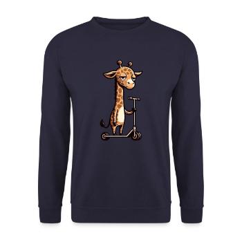 Mürrische Giraffe auf Roller Comic Spaß - Unisex Pullover - Navy - Vorne - Alina (178cm) & Michal (187cm)