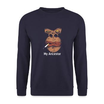 Affe Affen Mein Vorfahr Schimpanse Vintage Monkeys - Unisex Pullover - Navy - Vorne - Alina (178cm) & Michal (187cm)