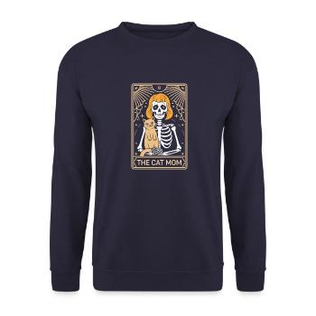 Katzenmama Tarot: Skelett mit Katze - Unisex Pullover - Navy - Vorne - Alina (178cm) & Michal (187cm)