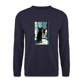 Kurzhaarige Hauskatze in der Nacht - Unisex Pullover - Navy - Vorne - Alina (178cm) & Michal (187cm)