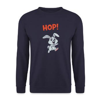 HOP! Bunny Jumping Comic Action Vector - Unisex Sweatshirt - navy - Front - Alina (178cm) & Michal (187cm)