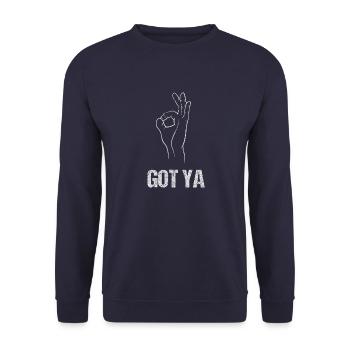 Reingeguckt" Handspiel - Klassischer Got - Unisex Pullover - Navy - Vorne - Alina (178cm) & Michal (187cm)