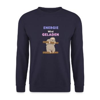 Süßes Faultier Lädt Energie auf - Unisex Pullover - Navy - Vorne - Alina (178cm) & Michal (187cm)