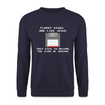 Nerd und Computer Profis - floppy disks like Jesus - Unisex Pullover - Navy - Vorne - Alina (178cm) & Michal (187cm)