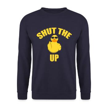 Ente Shut The Fuck Up Shut The Duck Up Gummiente - Unisex Pullover - Navy - Vorne - Alina (178cm) & Michal (187cm)