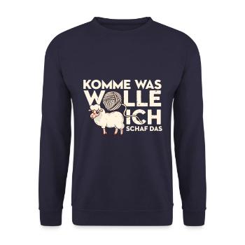 Komme was wolle ich Schaf das Schaf Wolle Design - Unisex Pullover - Navy - Vorne - Alina (178cm) & Michal (187cm)