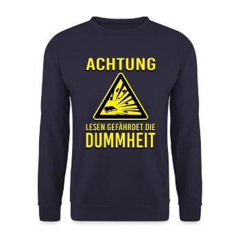 Lustige Sprüche Lesen gefährdet die Dummheit. - Unisex Pullover - Navy - Vorne - Alina (178cm) & Michal (187cm)
