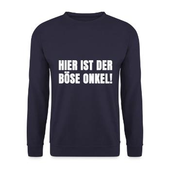 böser Onkel Spruch - Unisex Pullover - Navy - Vorne - Alina (178cm) & Michal (187cm)