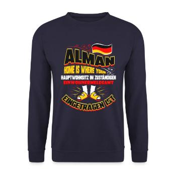 Alman Lustiger Alman Hauptwohnsitz Spruch Geschenk - Unisex Pullover - Navy - Vorne - Alina (178cm) & Michal (187cm)