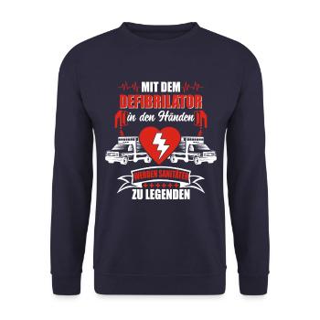 MIT DEM DEFIBRILLATOR IN DEN HÄNDEN - Unisex Pullover - Navy - Vorne - Alina (178cm) & Michal (187cm)