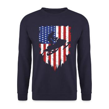 Vintage Snowmobile USA Flag Hoodie Snow Biker Gift - Sweat-shirt Unisexe - marine - Devant - Alina (178cm) & Michal (187cm)