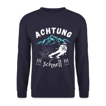 ACHTUNG SCHNELL!!! ski skifahrer abfahrt skifahren - Unisex Pullover - Navy - Vorne - Alina (178cm) & Michal (187cm)