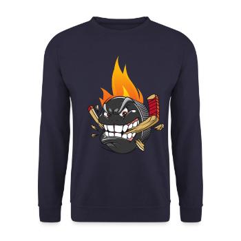 KOCKEY PUK IN FLAMMEN! COOLES HOCKEYSPIELER - Unisex Pullover - Navy - Vorne - Alina (178cm) & Michal (187cm)