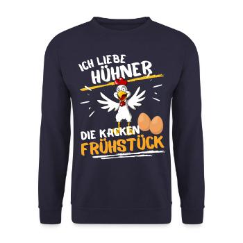 ICH LIEBE HÜHNER - DIE KACKEN FRÜHSTÜCK! EIER EI - Unisex Pullover - Navy - Vorne - Alina (178cm) & Michal (187cm)