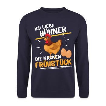 ICH LIEBE HÜHNER - DIE KACKEN FRÜHSTÜCK! - Unisex Pullover - Navy - Vorne - Alina (178cm) & Michal (187cm)