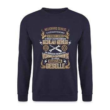 Geselle - Neugierig Geschickt Schlau - Unisex Pullover - Navy - Vorne - Alina (178cm) & Michal (187cm)