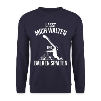 Lustiger Holz Hacken Spruch Kaminholz ruft - Unisex Pullover - Navy - Vorne - Alina (178cm) & Michal (187cm)
