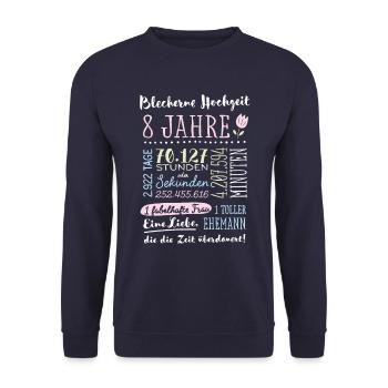 Blechhochzeit 8 Jahre Hochzeitstag Geschenk - Unisex Pullover - Navy - Vorne - Alina (178cm) & Michal (187cm)