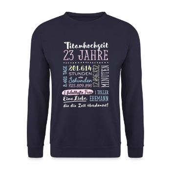 Titanhochzeit 23 Jahre Hochzeitstag Geschenk - Unisex Pullover - Navy - Vorne - Alina (178cm) & Michal (187cm)