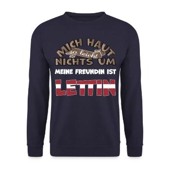 Lustiger Spruch Mich haut nichts um meine Frau ist - Unisex Pullover - Navy - Vorne - Alina (178cm) & Michal (187cm)