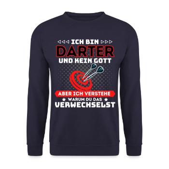 ICH BIN DARTSPIELER UND KEIN GOTT! DART DARTS - Unisex Pullover - Navy - Vorne - Alina (178cm) & Michal (187cm)