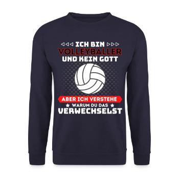 ICH BIN VOLLEYBALLER UND KEIN GOTT! Beach - Unisex Pullover - Navy - Vorne - Alina (178cm) & Michal (187cm)