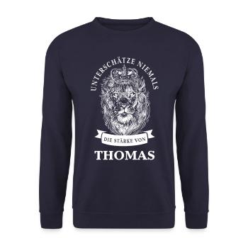 Thomas Geschenk Name Löwe - Unisex Pullover - Navy - Vorne - Alina (178cm) & Michal (187cm)