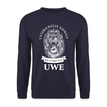 Uwe Geschenk Name Löwe - Unisex Pullover - Navy - Vorne - Alina (178cm) & Michal (187cm)