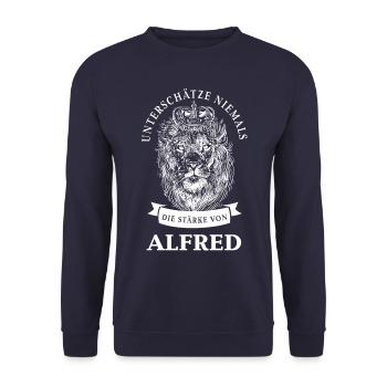 Alfred Geschenk Name Löwe - Unisex Pullover - Navy - Vorne - Alina (178cm) & Michal (187cm)