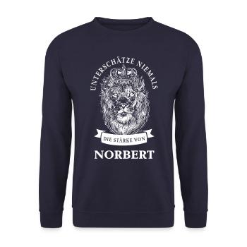 Norbert Geschenk Name Löwe - Unisex Pullover - Navy - Vorne - Alina (178cm) & Michal (187cm)