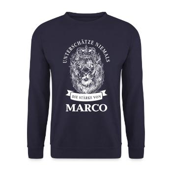 Marco Geschenk Name Löwe - Unisex Pullover - Navy - Vorne - Alina (178cm) & Michal (187cm)