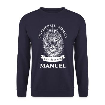 Manuel Geschenk Name Löwe - Unisex Pullover - Navy - Vorne - Alina (178cm) & Michal (187cm)