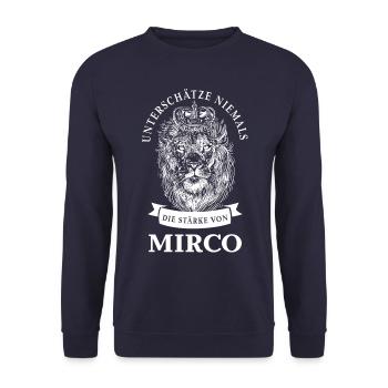 Mirco Geschenk Name Löwe - Unisex Pullover - Navy - Vorne - Alina (178cm) & Michal (187cm)