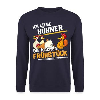 ICH LIEBE HÜHNER - DIE KACKEN FRÜHSTÜCK! LUSTIGES - Unisex Pullover - Navy - Vorne - Alina (178cm) & Michal (187cm)