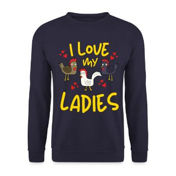 I LOVE MY LADIES! LUSTIGES HÜHNER HUHN BAUER - Unisex Pullover - Navy - Vorne - Alina (178cm) & Michal (187cm)