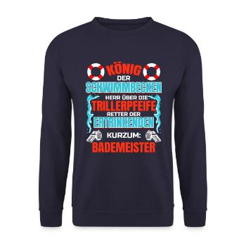 König der Schwimmbecken - Lustiger Bademeister - Unisex Pullover - Navy - Vorne - Alina (178cm) & Michal (187cm)