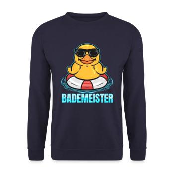 Bademeister - Quietscheente & Rettungsring - Unisex Pullover - Navy - Vorne - Alina (178cm) & Michal (187cm)
