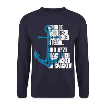 Ich bin die Norddeutsche Freundlichkeit in Person! - Unisex Pullover - Navy - Vorne - Alina (178cm) & Michal (187cm)