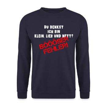 witziger Spruch klein lieb und nett böööser Fehler - Unisex Pullover - Navy - Vorne - Alina (178cm) & Michal (187cm)