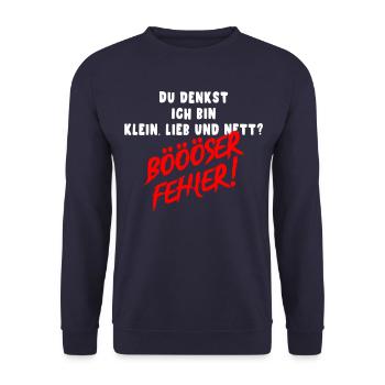 witziger Spruch klein lieb und nett böööser Fehler - Unisex Pullover - Navy - Vorne - Alina (178cm) & Michal (187cm)
