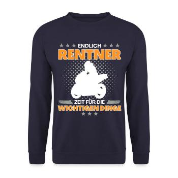 Motorradfahrer in Rente - endlich Zeit fürs - Unisex Pullover - Navy - Vorne - Alina (178cm) & Michal (187cm)